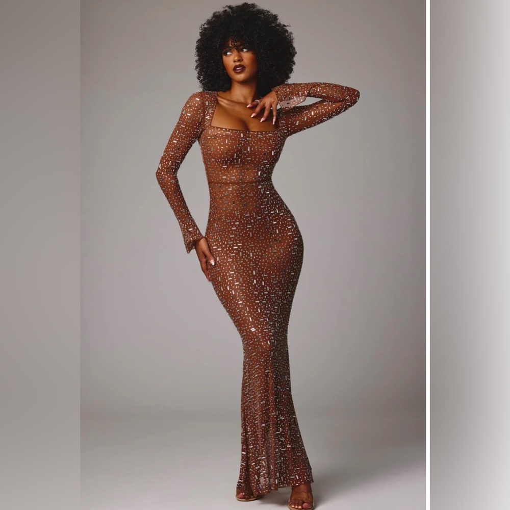Oh Polly Isabeau Sheer Embellished Long Sleeve Dress